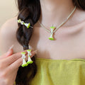 Plastic Pearl Beaded Apple Hair Clip Earrings Necklace Jewelry Set With Zircon Accents view 1