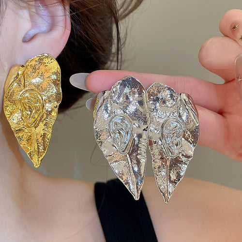 Light Luxury Alloy Crumpled Leaf Stud Earrings, European American Fashion Metal Ear Jewelry