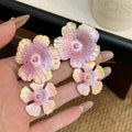 Elegant Two Tone Alloy Flower Drop Dangle Lightweight Pink Gold Floral Statement Fashion Earrings view 4