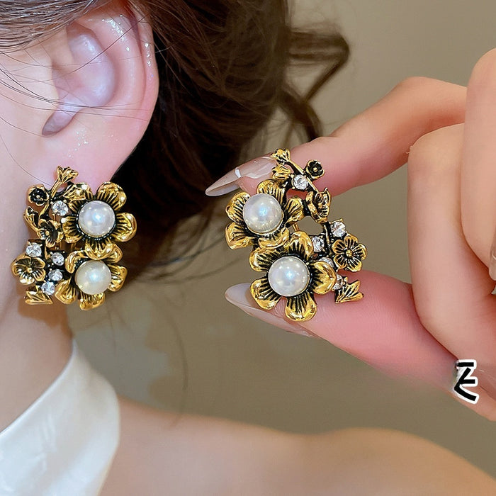 Vintage Alloy Rhinestone Flower Pearl Clip-on Earrings for Women, Light Luxury Floral Design