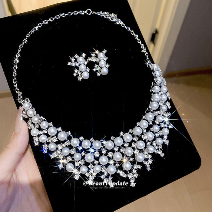 Old Money Faux Pearl Jewelry Set With Rhinestone Hollow Round Stud Earrings And Necklace