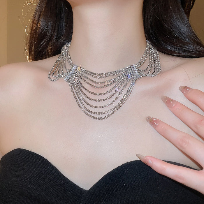 Old Money Copper Multi Layer Zircon Tassel Geometric Clavicle Necklace For Elegant Women