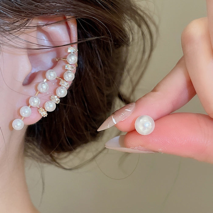 French Chic Asymmetric Faux Pearl Zircon Stud Earring And Ear Clip Jewelry Set For Women