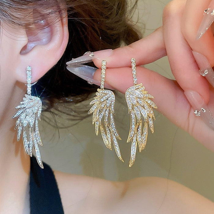 18K Gold Plated Copper Zircon Angel Wing Stud Earrings, Light Luxury European Style