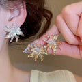 French Luxury Sparkling Zircon Flower Copper Stud Earrings With Silver Pins Vintage Niche Design view 3