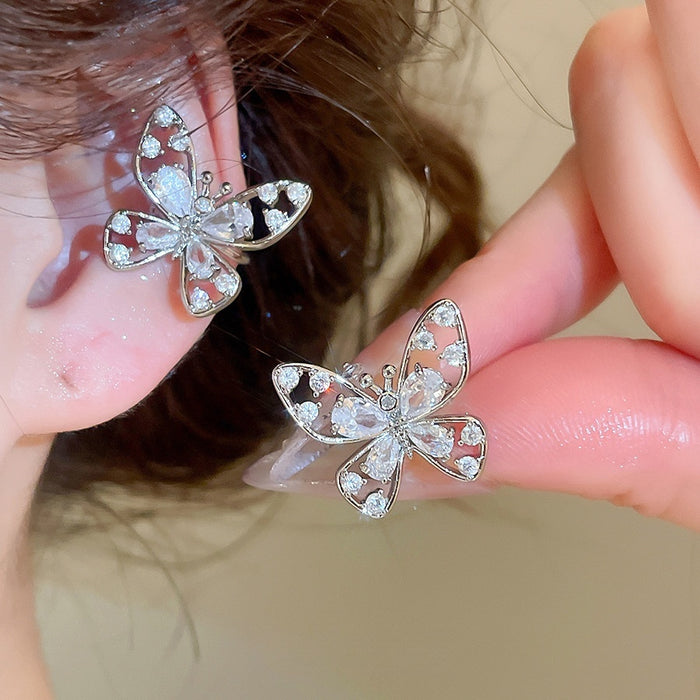 Light Luxury Copper Butterfly Zircon Hollow Clip-on Earrings For Non-Pierced Ears