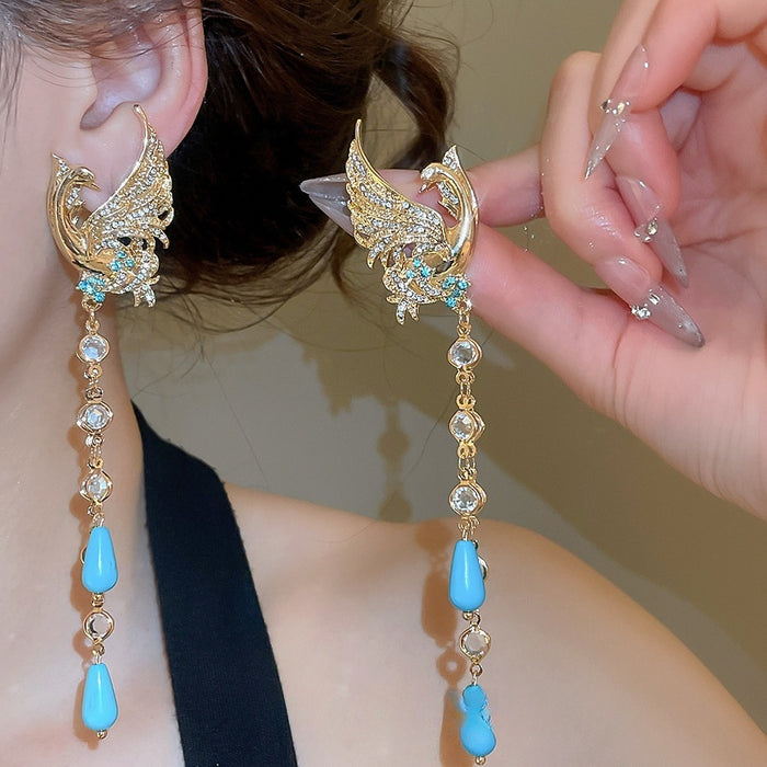Chinese Style Alloy Phoenix Crystal Tassel Drop Earrings With Rhinestone Court Design