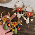 Copper Woven Flower Stone Tassel Hoop Earrings Vintage Ethnic Style Fashion Jewelry view 3