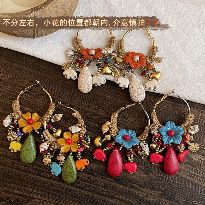 Copper Woven Flower Stone Tassel Hoop Earrings Vintage Ethnic Style Fashion Jewelry