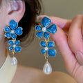 Vintage Floral Enamel Faux Pearl Stud Earrings With Silver Needle Posts Elegant Light Luxury Jewelry view 1