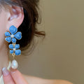 Vintage Floral Enamel Faux Pearl Stud Earrings With Silver Needle Posts Elegant Light Luxury Jewelry view 3