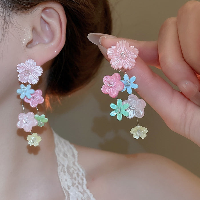 Resin Colorful Flower Tassel Drop Earrings With Silver Posts Princess Style Floral Jewelry