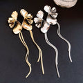 Metal Floral Petal Long Tassel Drop Earrings With Silver Pins Fashion OL Lucky Cat Design view 4