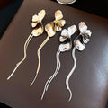 Metal Floral Petal Long Tassel Drop Earrings With Silver Pins Fashion OL Lucky Cat Design view 2