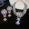 Light Luxury Copper Floral Ribbon Rhinestone Pearl Necklace And Stud Earrings Jewelry Set view 2