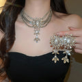 Light Luxury Copper Floral Ribbon Rhinestone Pearl Necklace And Stud Earrings Jewelry Set view 3
