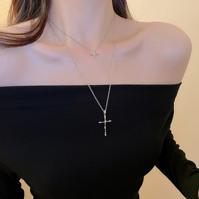 Minimalist Alloy Double Layer Pleated Cross Clavicle Necklace Casual Geometric Pendant Jewelry