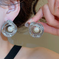 Minimalist Faux Pearl Wrapped Circle Hoop Earrings With Silver Pin Modern Geometric Jewelry view 3