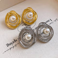 Minimalist Faux Pearl Wrapped Circle Hoop Earrings With Silver Pin Modern Geometric Jewelry view 2