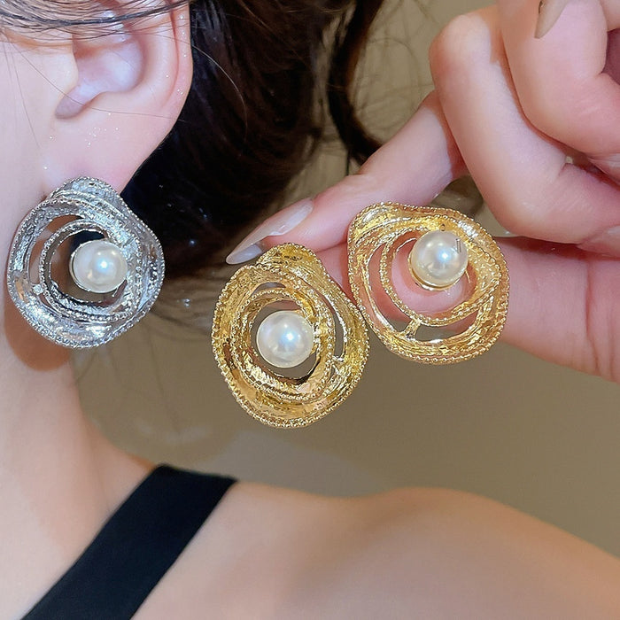 Minimalist Faux Pearl Wrapped Circle Hoop Earrings With Silver Pin Modern Geometric Jewelry