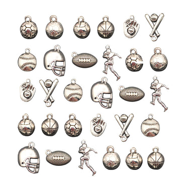 Silver Tone Sports Ball and Equipment Charms with Top Loops