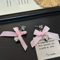 Elegant Pink Ribbon Bow Rhinestone Studs With Alloy Heart Charm Tassel Sweet Fashion Earrings view 4