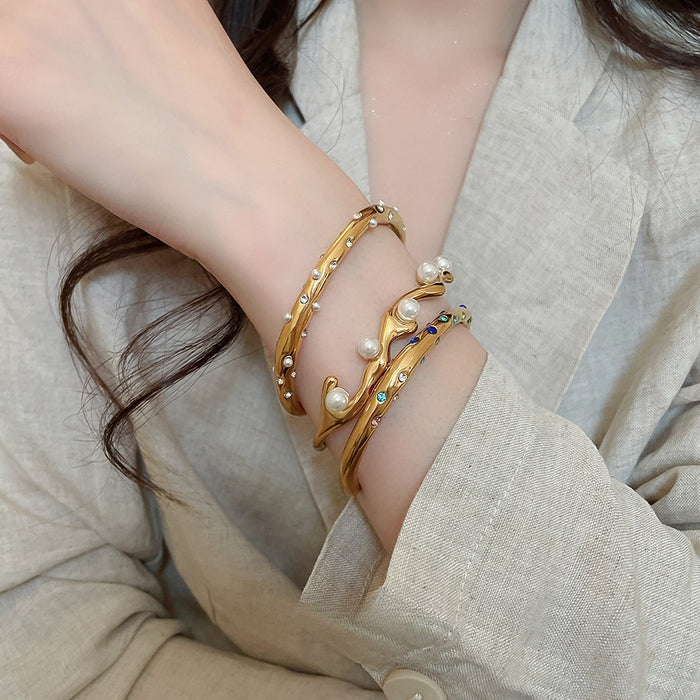 Stainless Steel Open Bangle With Round Pearl And Rhinestone Vintage Minimalist Women's Jewelry