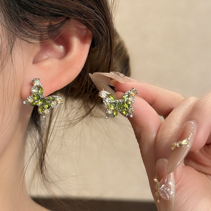 Elegant Green Zircon Butterfly Flower Studs With Rhinestone Crystal Alloy Luxury Women's Earrings