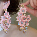 Fabric Flower Tassel Drop Earrings With Silver Pins, Resort Style Sweet Floral Ear Jewelry view 3