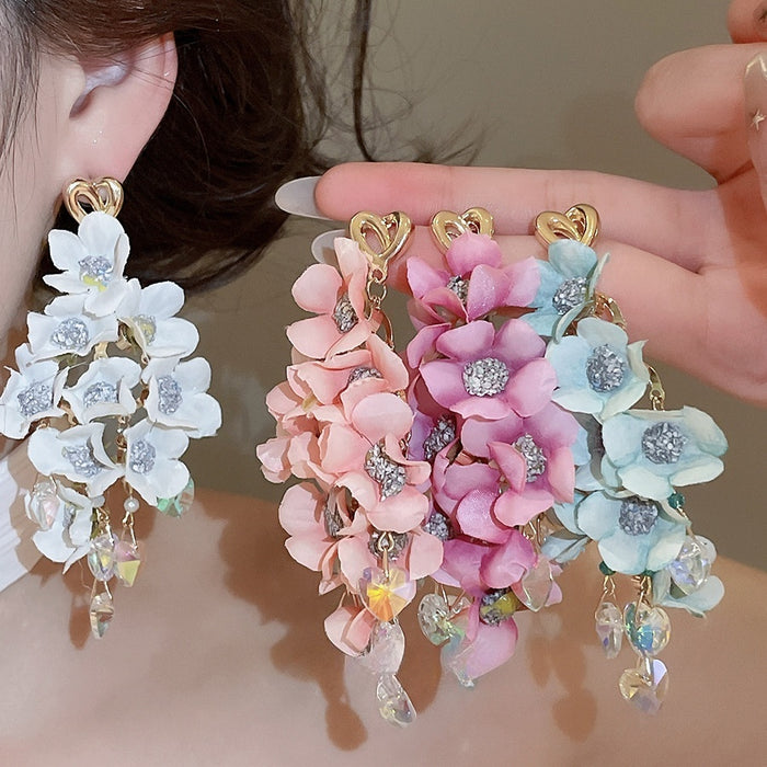 Fabric Flower Tassel Drop Earrings With Silver Pins, Resort Style Sweet Floral Ear Jewelry