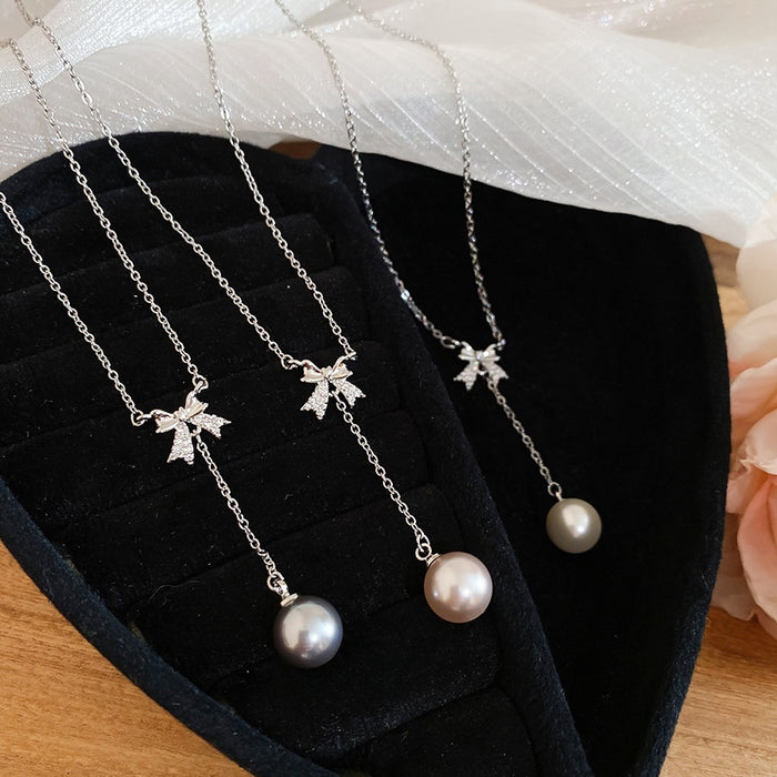French Style Zircon Bow Faux Pearl Sweater Necklace Elegant Light Luxury Collarbone Chain