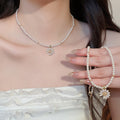18K Gold Plated Zircon Flower Pendant Faux Pearl Necklace Light Luxury Floral Choker view 2