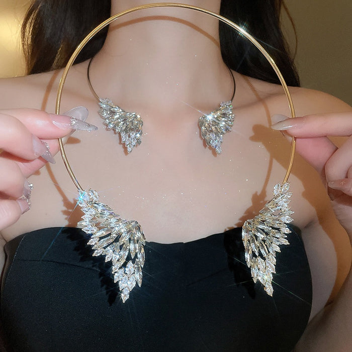 Luxury Copper Rhinestone Angel Wing Choker Necklace For Women, European Statement Jewelry