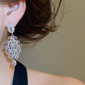 Luxury Full Zircon Leaf Copper Drop Earrings With Silver Pin, Elegant Light Luxury Stud Style view 4