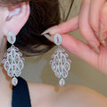 Luxury Full Zircon Leaf Copper Drop Earrings With Silver Pin, Elegant Light Luxury Stud Style view 2