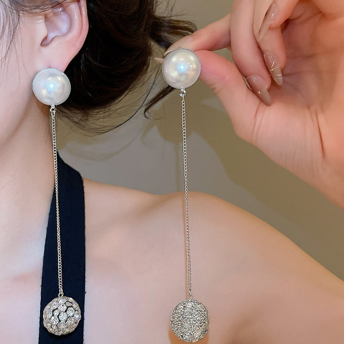 Light Luxury Faux Pearl Rhinestone Round Pendant Drop Earrings With Silver Posts