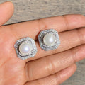 Zircon Inlaid Faux Pearl Stud Earrings, Polygon Design Elegant Classic Fashion Jewelry view 5
