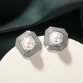 Zircon Inlaid Faux Pearl Stud Earrings, Polygon Design Elegant Classic Fashion Jewelry view 3