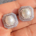 Zircon Inlaid Faux Pearl Stud Earrings, Polygon Design Elegant Classic Fashion Jewelry view 1