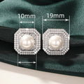 Zircon Inlaid Faux Pearl Stud Earrings, Polygon Design Elegant Classic Fashion Jewelry view 4