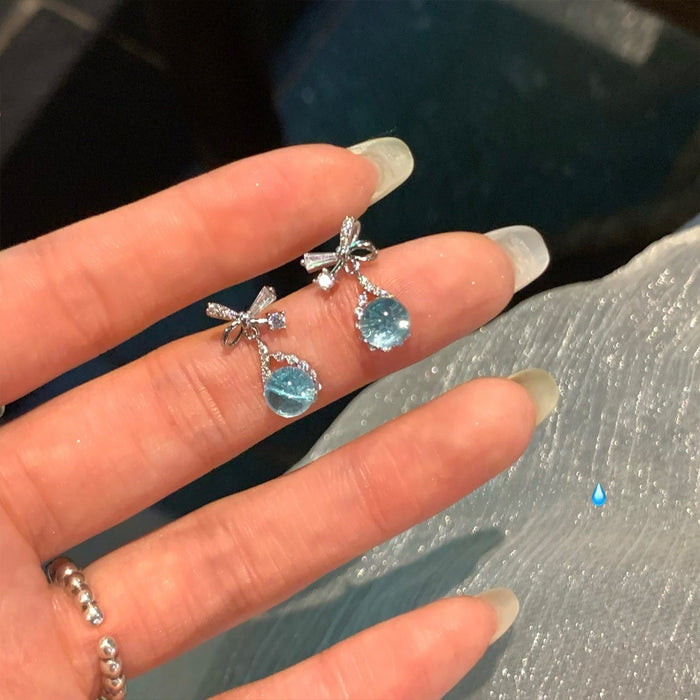 Mermaid Tears Sparkling Zircon Bow Copper Stud Earrings For Women Light Luxury Fashion Jewelry