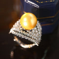Gold Plated Faux Pearl Palace Style Ring, Curved Multi Line Half Pave Zircon Jewelry view 2