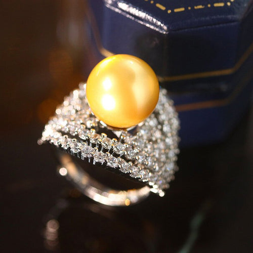 Gold Plated Faux Pearl Palace Style Ring, Curved Multi Line Half Pave Zircon Jewelry