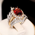 Dark Princess Style Three Piece Stackable Crown Ring Set With Faux Ruby Two Tone Design view 2