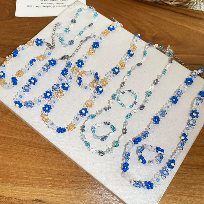 Fresh Summer Faux Crystal Beaded Flower Bracelet Ring Necklace Jewelry Set For Sweet Girls