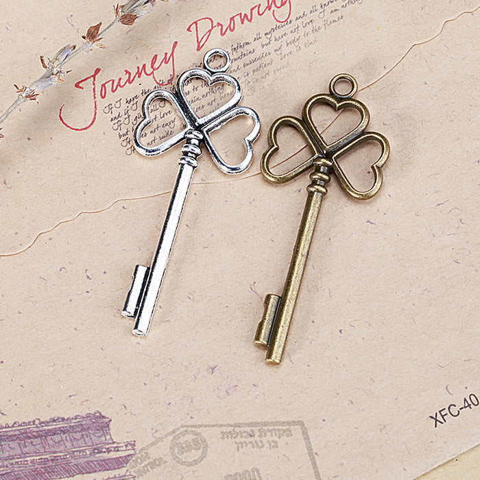 Vintage Clover Heart Key Charm Pendant 57x22mm