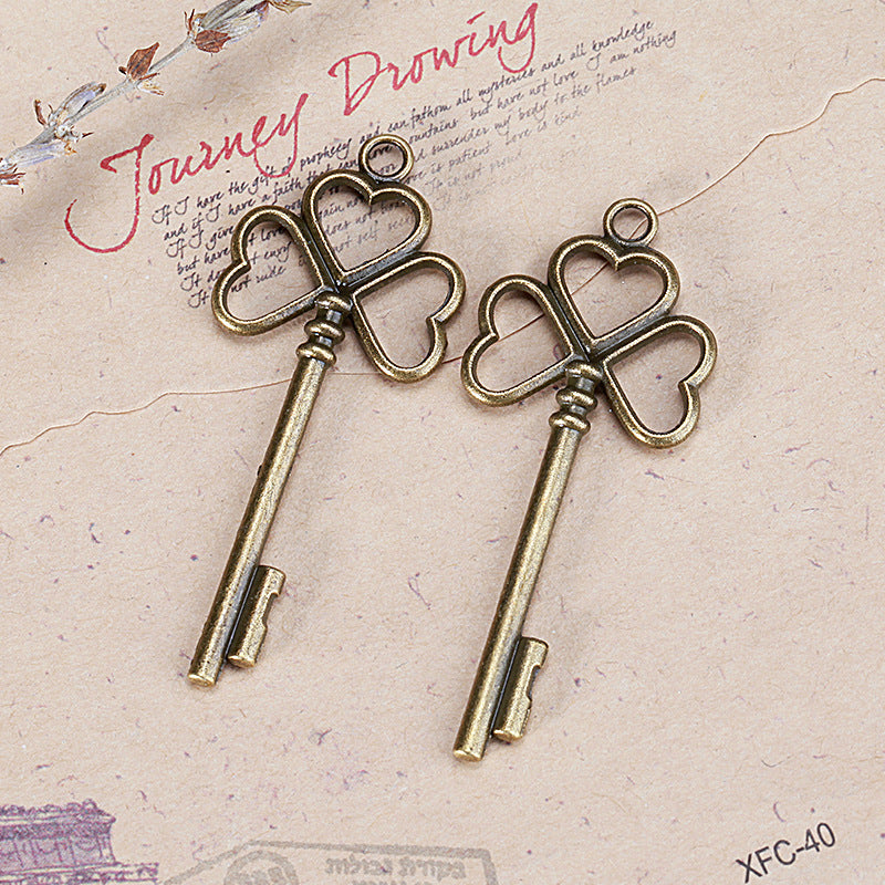Vintage Clover Heart Key Charm Pendant 57x22mm