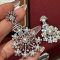 French Vintage Copper Snowflake Pearl Zircon Stud Earrings Light Luxury Court Style view 1