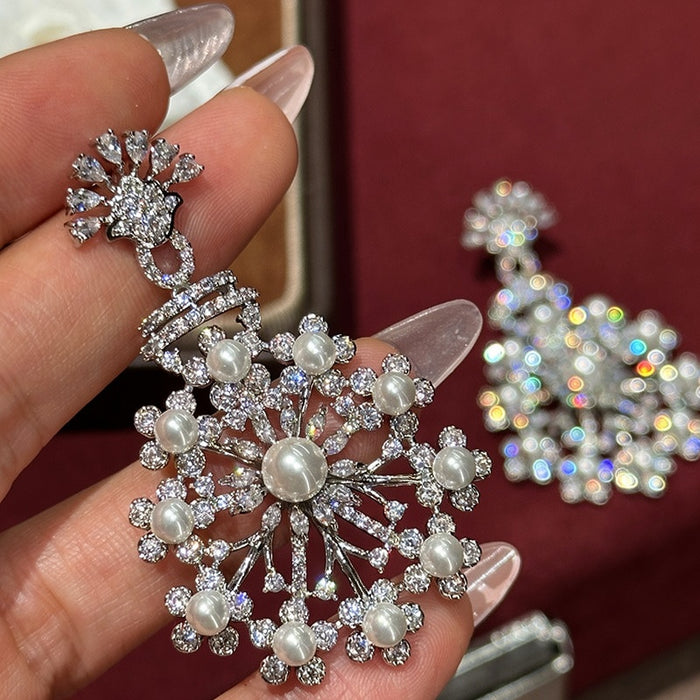 French Vintage Copper Snowflake Pearl Zircon Stud Earrings Light Luxury Court Style