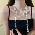French Vintage Crystal Bow Faux Pearl Long Necklace Old Money Elegant Collarbone Choker view 1